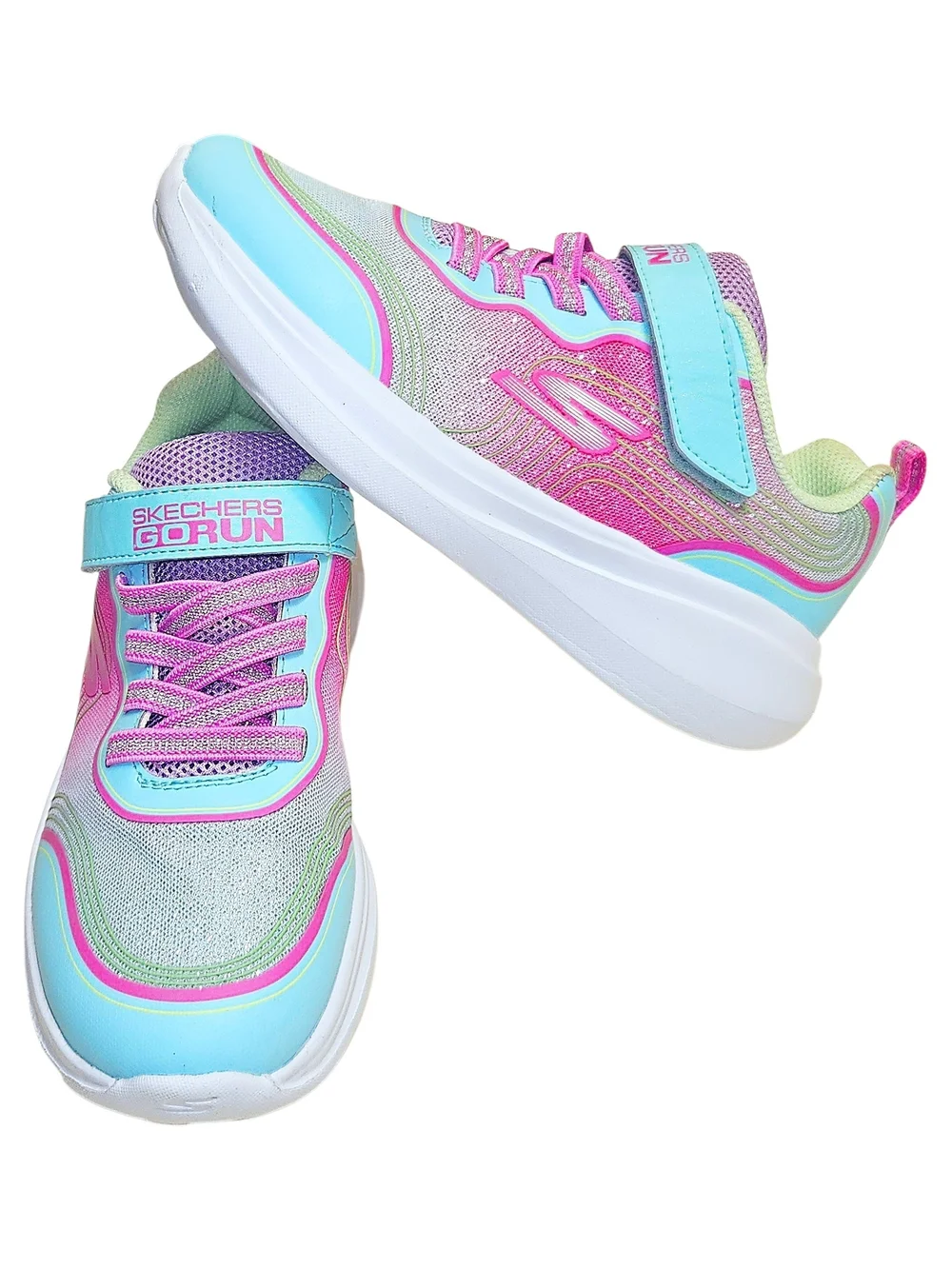 Skechers GO RUN Girls Pink Aqua Silver Rainbow Athletic Sneakers Size 2